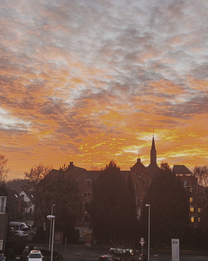 Blick über die Dächer von Frechen bei Köln mit Kirchturm im Abendrot